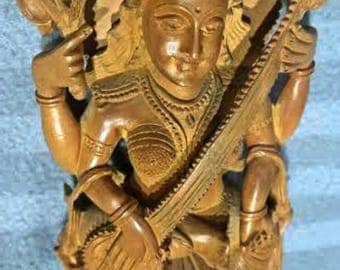 Vintage Sandalwood Carving Goddess Saraswati Made in India