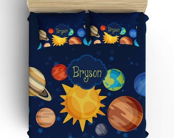 OUTER SPACE BEDDING Comforter, Planets Boy Duvet Cover, Pillow Sham, Navy Yellow, Toddler, Twin, Queen, King, Monogram Solar System Galaxy