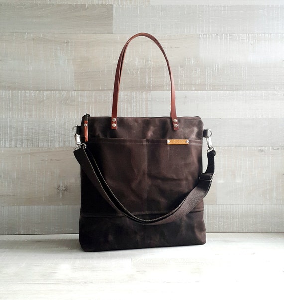 WAXED CANVAS TOTE in Chocolate BRoWN ZiPPERED Unisex Laptop