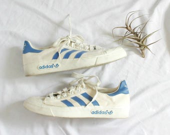 1970s Adidas Sneakers | RARE | Vintage 70s 80s White + Blue Canvas Sneakers | Mens US 9 1/2 10 Womens US 10 1/2 11