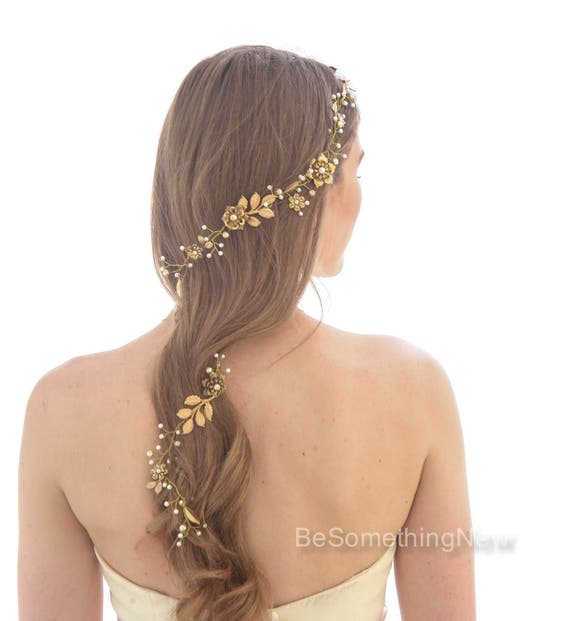 Long Gold Wedding Hair Vine of Wired Pearls and Metal Flowers and Leaves Bridal Headpiece Gold Hair Wrap Hair Jewelry Metal Flower Tiara