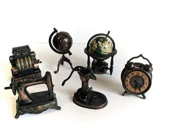 Durham Industries, Dollhouse Furniture, Metal Miniatures, Die Cast Metal, Set of Six, 1970's Toys, Vintage Miniatures, Cash Register, Globe