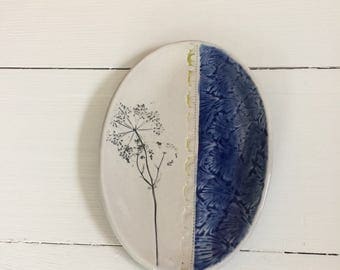 Ceramic Soap Dish, Ceramic Dish, Oval Dish with Queen Ann's Lace Imprint, Home Decor Gift, Gift Under 20