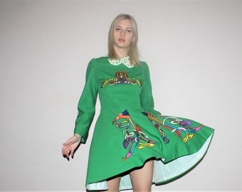 vintage 1970s green rainbow embroidered irish dance costume dress 70s irish dance dresses w00683 - Irish Dancer Halloween Costume vintage 1970s green rainbow embroidered irish dance costume dress 70s irish dance dresses w00683 - Irish Dancer Halloween Costume