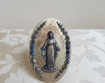 Vintage Virgin Mary Silver Metal Religious Art Plaque With Faceted Blue Stones & Self Easel Marked 1830, Madonna Blessed Mother Devotion
