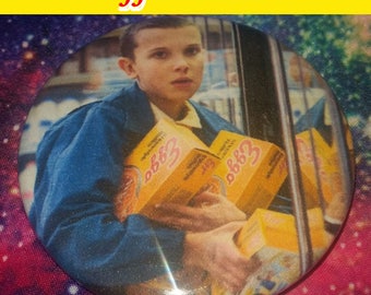 WAFFLE SCENTED 2.25" Pinback Button Stranger Things Eleven Eggo Photo