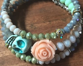 Day of the Dead Boho Sugar Skull Bracelet Memory Wire Bracelet