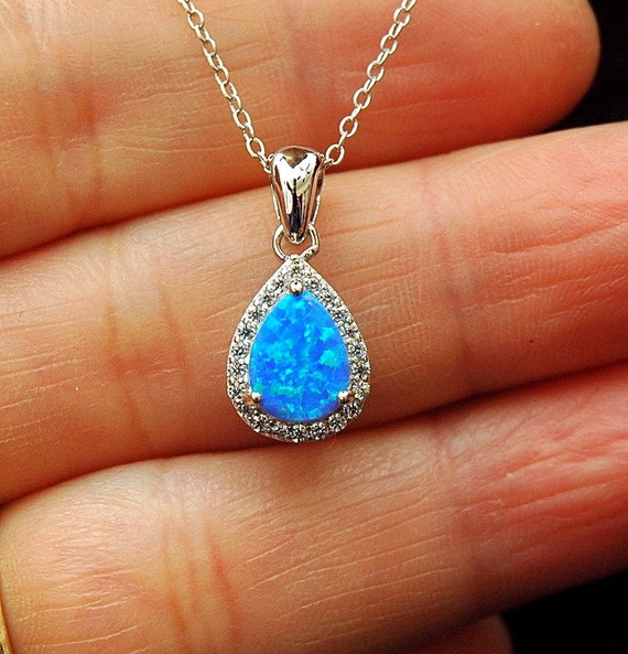 Blue Opal Necklace Teardrop Necklace Blue Fire Opal Pendant