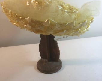 Jackie Kennedy Hat 1960's Yellow Straw Hat with Yellow Tulle with Hat Pin Boater Hat
