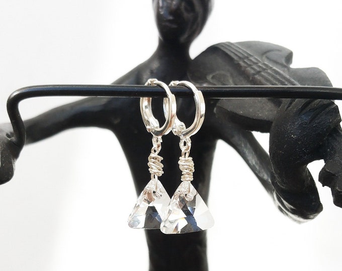 Crystal Earrings, Silver Crystal Earrings, Silver Crystal Triangle Earrings, Triangle Crystal Earrings, Crystal Silver Earrings