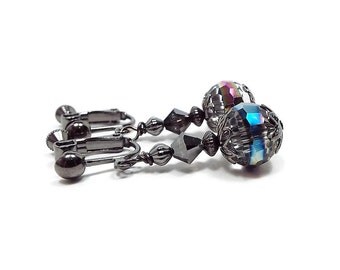 AB Crystal Clip on Earrings Drop Gunmetal Plated Bling Glitz Glam Prom Screw Back Vintage Style