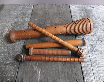 Set of 5 - Vintage Primitive Wood Spools