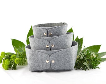 Storage baskets set of 3, low gray felt storage bin, felt bin, fruit bowl, storage box, storage bin, jewelry storage, set of storage boxes