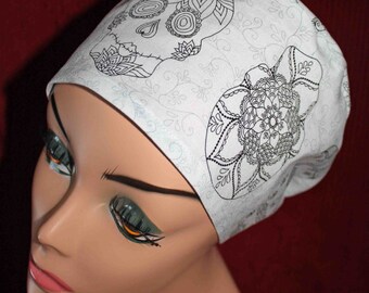 Black and White Sugar Skulls Surgical Cap (biker/chemo/surgical)