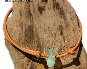 Hawaiian Aqua Beach Glass on India Leather Cord Completely Adjustable & Stackable Bracelet