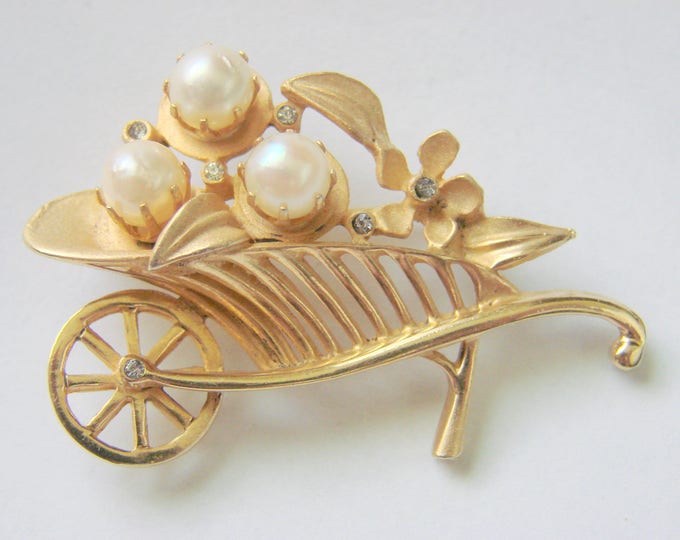 Vintage Cultured Pearl Rhinestone Flower Cart Brooch Pin / Retro Jewelry / Jewellery