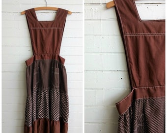 Vintage 1970s pinafore dress, vintage apron dress, polka dot dress, small