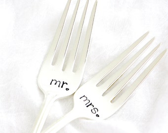 Mr. and Mrs. wedding forks. Hand stamped silverware by Milk & Honey ®