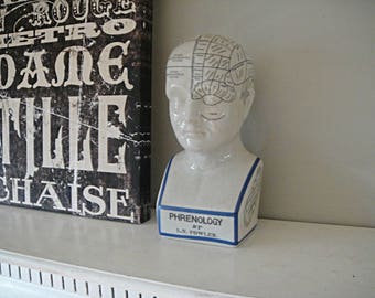Phrenology Head L.N. Fowler Blue and White Porcelain Bust Edwardian Pseudo Science Victorian Decor Movie Prop