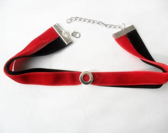 Red and black velvet choker necklace with round silver slide bead, 1" inch wide, cosplay choker, (pick your neck size)