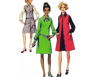 1970 A-line French-dart Dress, Long Sleeve/Cuffs, Front Buttoned Duster/Vest/Jumper, Ideal for Work Smock, Simplicity 9028, Bust 40" or 42"