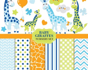 70% OFF SALE Baby Boy Giraffe Clipart & Digital Paper - Vector Baby Giraffe Clipart, Nursery Clip Art and Baby Giraffe Digital Paper