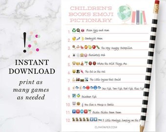 Children's Books Emoji Pictionary- Baby Shower Game- Instant Download- Print at Home: Pink Color