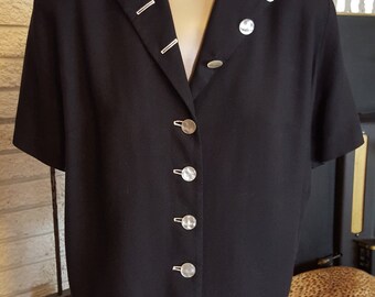 1950s Black Blouse with Button Details! Size Large!