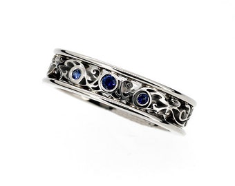 Blue sapphire ring, White gold wedding band, filigree ring, Sapphire wedding band, vintage style, custom, blue engagement, blue wedding