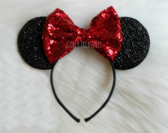 Red Bow Mouse Ears Headband. Minnie Mouse Headband. Womens Headband. Teen Headband. Mouse Ears Headband. One Size Fits Most.