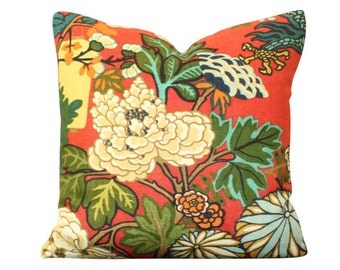 Schumacher Chiang Mai Dragon Pillow Cover in Red Lacquer- Lanterns and Flowers