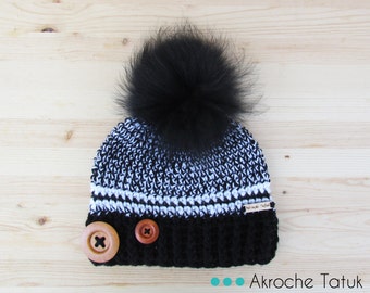 Rustik hat. Black and white woman crochet winter hat with buttons and fur pompom by Akroche Tatuk (made to order)