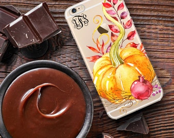 Fall Iphone 6s Plus case, Clear autumn Iphone 5s case, Orange and maroon, Monogram Iphone SE case, Gift for her, Pumpkin decor (1700)