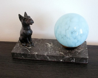 French Art Deco Dog Lamp - Terrier Lamp - Table Lamp on Marble 1940 - Rare Design - Art Deco Table Lamp - Vintage Lamp-Great Condition