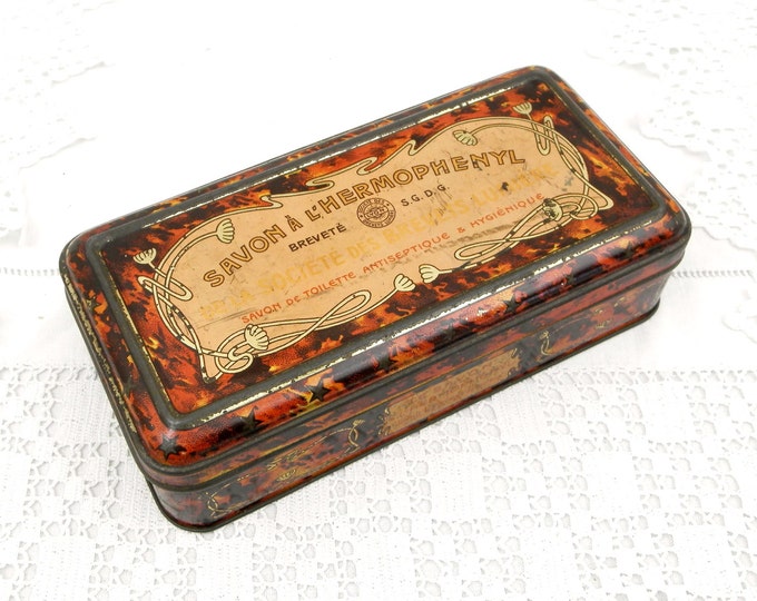 Antique French Lithographed Art Nouveau Antiseptique Soap Tin Box Gold Lettering, Apothecary, French Country Decor, Brocante, Retro, Decor