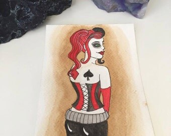 SALE Original Art -Harley Quinn Watercolour Art New 52 Inspired Batman Corset Tattoos Joker Jester Red Black Leather Biker Goth Illustration