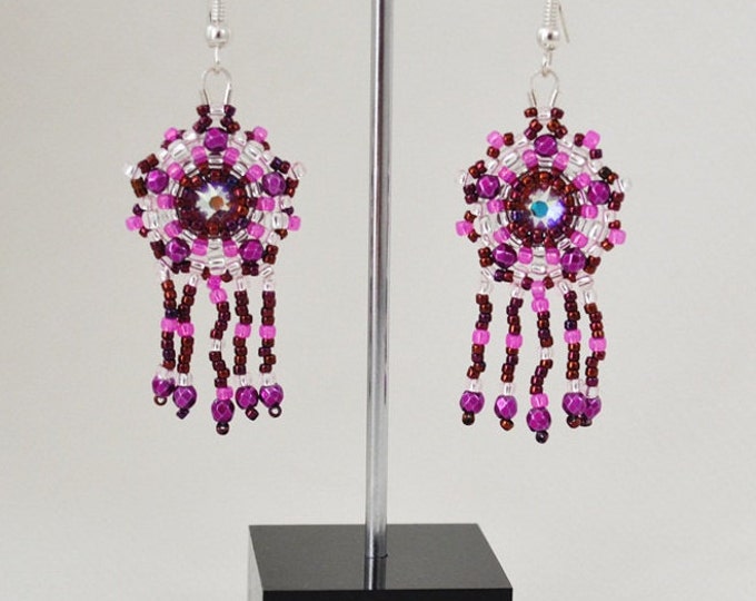 Purple and pink crystal earrings with small glass beads hand woven crystal swarovski earrings boho fringe light medium long silver hooks