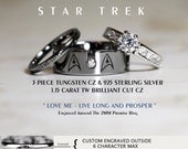 STAR TREK Tungsten and 925 Sterling Silver 1.15 Carat CZ Wedding Ring Set, 8mm Star Fleet Insignia All Custom Engraved