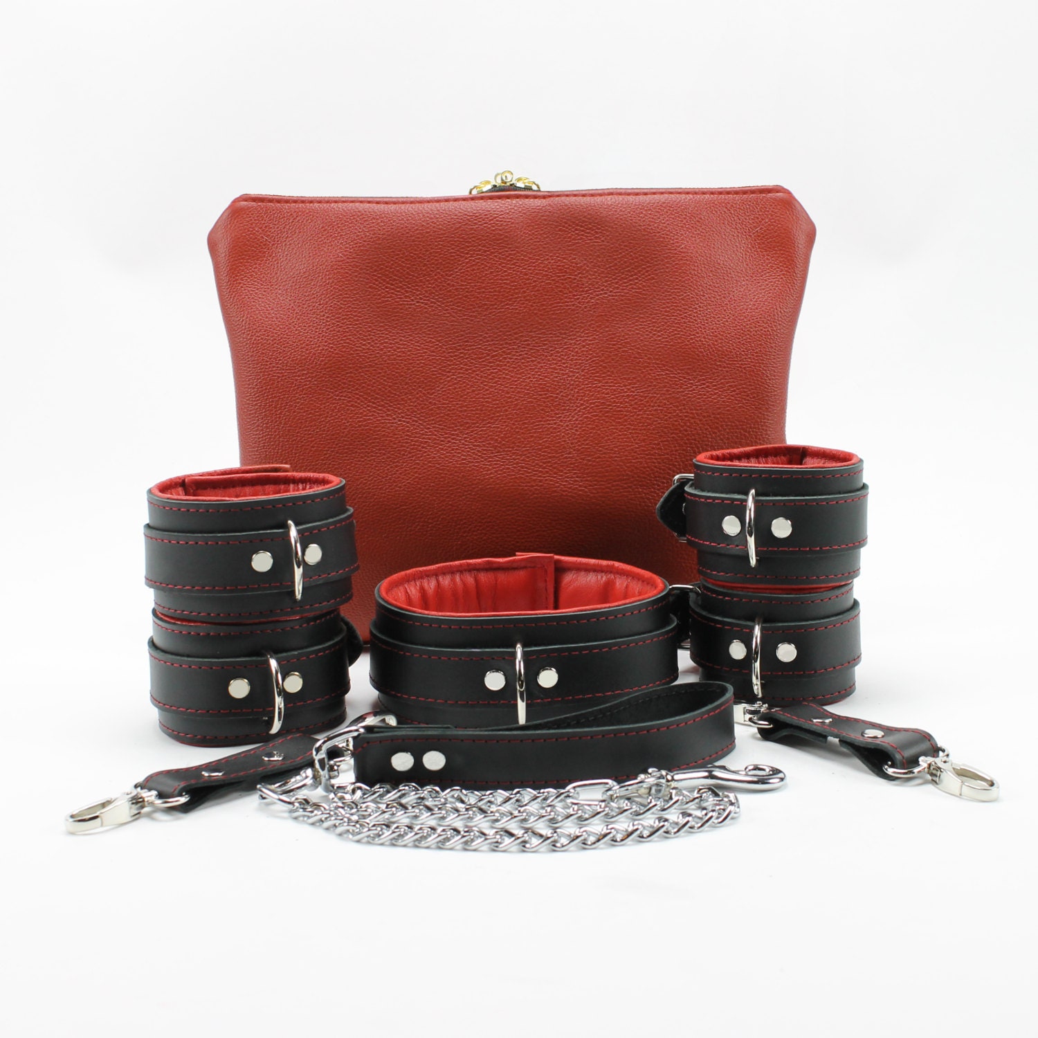 Bondage Gear Set 7 Piece Lamb Lined Leather Restraints Set