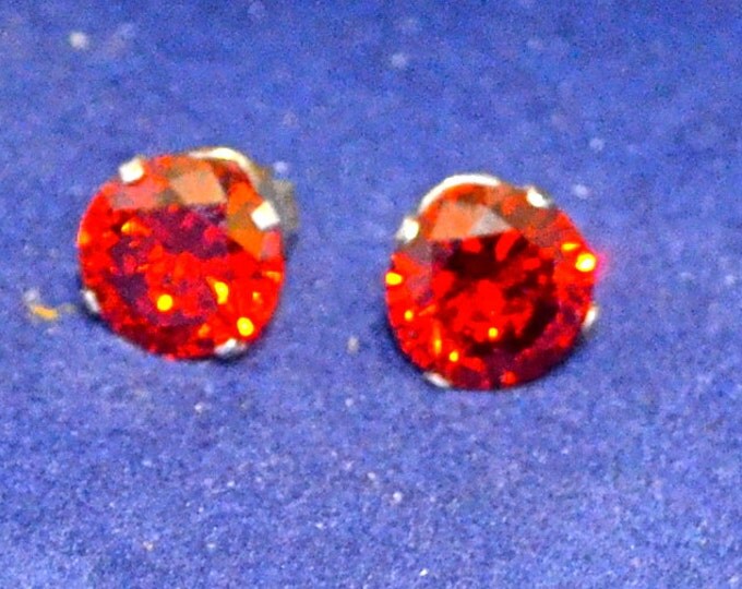 Sale Red Zircon Studs, 9mm Round, Natural, Set in Sterling Silver E1001