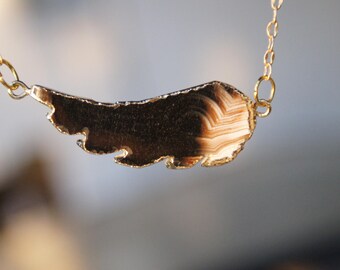 Black Agate Wing Pendant on Gold Chain