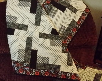Quilted throw, matching pillow, black, white, red, lap quilt