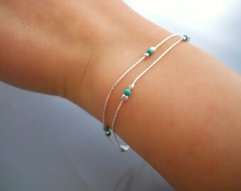 Double Strand Silver & Turquoise Bracelet, Sterling Silver Bracelet With Turquoise Beads, Thin Silver Bracelet, Layering Bracelet, #536