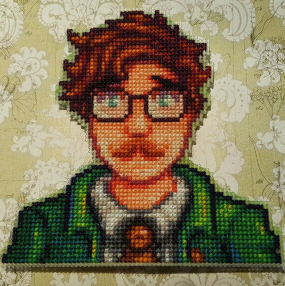 Stardew Valley Harvey cross-stitch fridge magnet