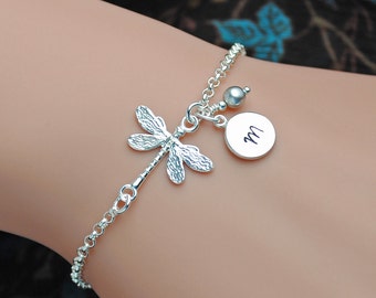 Sterling Silver Dragonfly Bracelet, Personalized Dragonfly Bracelet, Birthstone Bracelet, Initial Bracelet, Sterling Silver Bracelet WB102