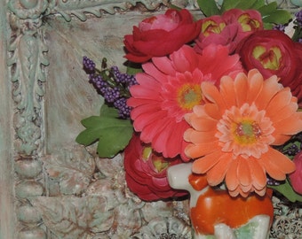 Original Assemblage Art Collage Wall Plaque "Puppy and Posies" Mixed Media Flowers Patina Metal