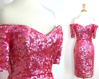 Pink Sequined Dress Off Shoulder Fitted