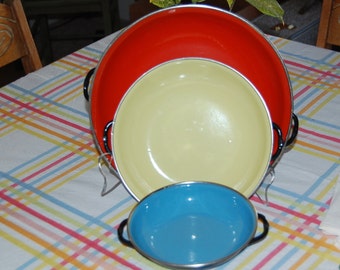 Vintage Enamel Wear Metal Saute Pans / Made in Yugoslavia / Two Handled Shallow Paella Pans
