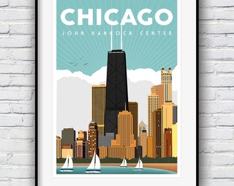 Chicago Print, Chicago Skyline, Travel Poster, Chicago Poster, Chicago Gifts, John Hancock, City Prints, Retro Poster, Cityscape, Chicago