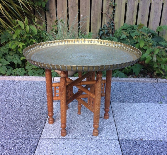 Vintage brass coffee table wooden stand base mid century